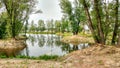 Scenic view of a small lake of irregular shape and trees around it