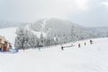 cenic view of small people play ski in snow mountain,Washington,USA. Royalty Free Stock Photo