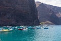 Scenic view on the small port of Vueltas from Playa de Vueltas in Valle Gran Rey on La Gomera. Boats in the lagoon