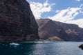 Scenic view on the small port of Vueltas from Playa de Vueltas in Valle Gran Rey on La Gomera. Boats in the lagoon