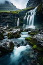 Scenic view of a small waterfall cascading down the face of an island's rocky cliffs, AI-generated.