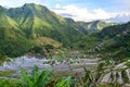 Scenic view of small, wooden houses in Batad village in Luzon, Philippines