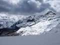 Scenic view of the snow capped peaks of Cordillera Blanca mountain range under cloudy sky. Peru Royalty Free Stock Photo