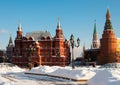 Manezhnaya Square with Historical Museum and Kremlin Tower in winter, Moscow Royalty Free Stock Photo