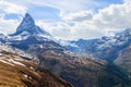 Scenic view on snowy Matterhorn mountain peak in sunny day with blue sky in Switzerland. Beautiful nature background of Swiss Alps Royalty Free Stock Photo