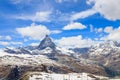 Scenic view on snowy Matterhorn mountain peak in sunny day with blue sky in Switzerland. Royalty Free Stock Photo