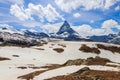 Scenic view on snowy Matterhorn mountain peak in sunny day with blue sky in Switzerland Royalty Free Stock Photo