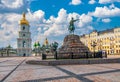 Scenic view of Sophia Square in downtown of Kyiv, Ukraine. Monument of Hetman Bohdan Khmelnytsky and St Sophia Cathedral