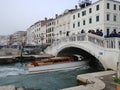 Scenic view of speed boat under the pedestrian bridge in Venice, Italy
