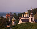 Scenic view at St. Elijah`s Church, domes of Church of St. John the Baptist and guard towers of of Nizhny Novgorod Kremlin