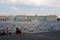 Scenic view of the State Hermitage Museum in Saint Petersburg, Russia in cloudy sky background