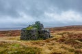 A scenic view of a stony mountain shelter in ruin surrounded with grass and bog under a grey sky