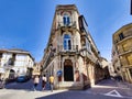 Scenic view of a street in Ciudad Rodrigo, Spain with tall buildings