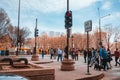 Scenic view of the streets of Chicago with people crossing the streets