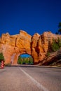 Scenic view of stunning red sandstone natural bridge and asphalt road in Bryce Canyon National Park in Utah Royalty Free Stock Photo