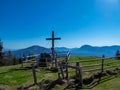 Hochanger - Scenic view of summit cross of mountain peak Hochanger in Bruck an der Mur, Lavanttal Alps, Styria, Austria Royalty Free Stock Photo