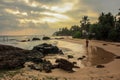 Scenic view, sunset, empty calm beach, waves, relax and chill Royalty Free Stock Photo