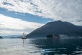 Scenic view of Sveti Dorde island with mountain views in the Adriatic Sea in Perasta, Montenegro