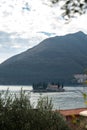 Scenic view of Sveti Dorde island with mountain views in the Adriatic Sea in Perasta, Montenegro