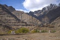 Scenic view of Tibetan house and stupa and sand mountain background Ladakh ,India. Royalty Free Stock Photo