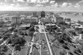 scenic view to downtown Baton Rouge and statue of Huey Long in morning light, Louisiana