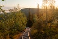 Karhunkierros trail. Bear trail hiking path through hillside taiga forest near Kuusamo, Northern Finland Royalty Free Stock Photo