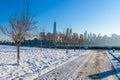 Scenic view to New York, Manhattan over Hudson river from Liberty State Park in wintertime. New Jersey, USA Royalty Free Stock Photo