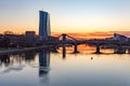 scenic view to skyline of Frankfurt am Main with reflection of the european central bank in river Main