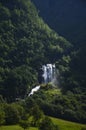 Scenic view to waterfall in green summer fjords near Flam village Sognefjord, Norway Royalty Free Stock Photo