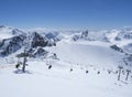 Scenic view from top of Wildspitz on winter landscape with snow covered mountain slopes and pistes and skiers on chair Royalty Free Stock Photo