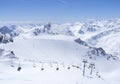 Scenic view from top of Wildspitz on winter landscape with snow covered mountain slopes and pistes and skiers on chair Royalty Free Stock Photo