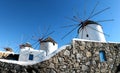 Scenic view of traditional greek windmills on Mykonos island, Cyclades, Greece Royalty Free Stock Photo