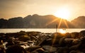 Traditional thai long boat in front of Phi Phi Leh at sunset, Phi Phi Island Koh Phi Phi, Thailand. Royalty Free Stock Photo