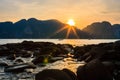 Traditional thai long boat in front of Phi Phi Leh at sunset, Phi Phi Island Koh Phi Phi, Thailand. Royalty Free Stock Photo