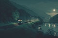 A scenic view of a train crossing a valley over a river with luminous headlights at night Royalty Free Stock Photo