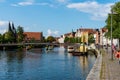 Scenic view of Trave River and waterfront in the old harbour in Lubeck, Germany