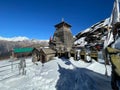 Scenic view of Tungnath Temple against the backdrop of snowy mountains. Uttarakhand, India