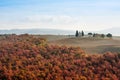 Scenic view of tuscan landscape, rolling hills and Vitaleta chapel in an autumn day, Tuscany, Italy Royalty Free Stock Photo