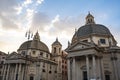 Scenic view of the twin churches churches of Santa Maria Montesanto and Santa Maria Miracoli in Piazza del Popolo, iconic square Royalty Free Stock Photo