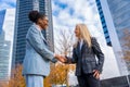 Scenic view of two multi-ethnic businesswomen greeting each other outside of the office