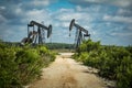 Scenic view of two oil derrick pump jacks found in the countryside