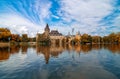 Scenic view of Vajdahunyad Castle reflected in the lake under the picturesque sky in main City Park, Budapest, Hungary Royalty Free Stock Photo