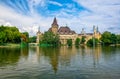 Scenic view of Vajdahunyad Castle reflected in the lake under the picturesque sky in main City Park, Budapest, Hungary Royalty Free Stock Photo