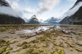 Scenic view of a valley surrounded by majestic mountains. Milford Sound, New Zealand Royalty Free Stock Photo