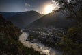 Scenic view of village along river bank at Rampur Bushahr, Himachal Pradesh, India.