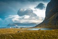 Scenic view of the village Eggum and the mountains of Lofoten Islands Royalty Free Stock Photo