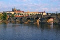 Scenic view on Vltava River and Charles bridge. Prague Castle with ancient Saint Vitus Cathedral at the background Royalty Free Stock Photo