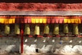 Scenic view of a wall with Buddhist Tibetan prayer wheels