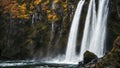 Scenic view of Waterfall in a autumm forest surrounded by rocks and trees