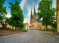 Scenic view of Wenceslas square with Saint Wenceslas Cathedral and Church of Saint Anne in Olomouc, Czech Republic